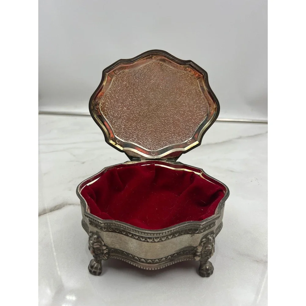 Vintage British Royal Coat of Arms Silver Footed Jewelry Box Red Velvet Lining